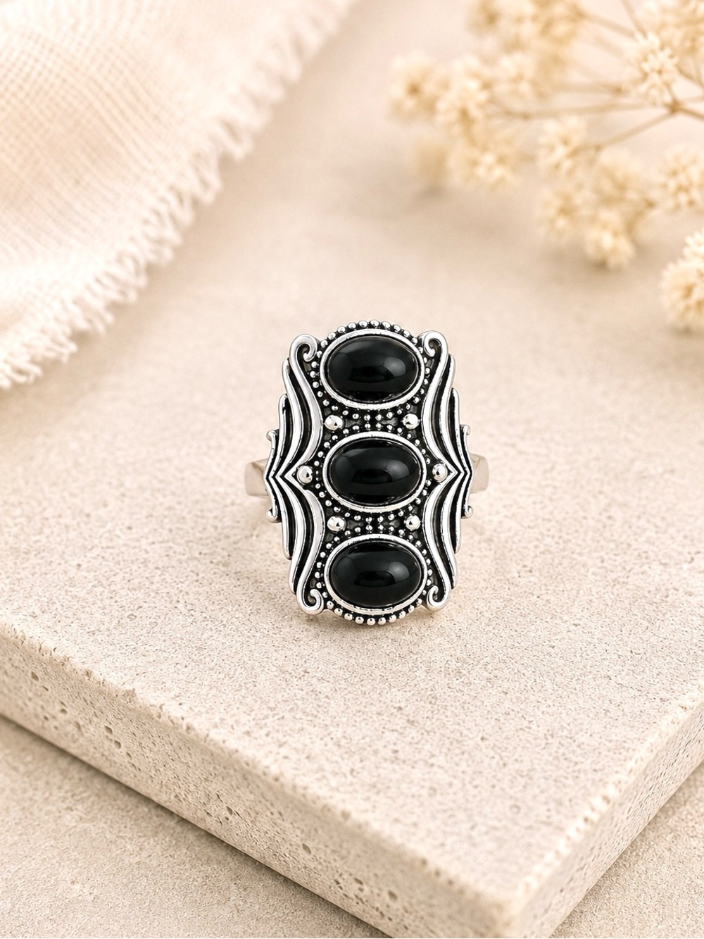 Triple Natural Black Onyx Sterling Silver Ring Sz 9.25